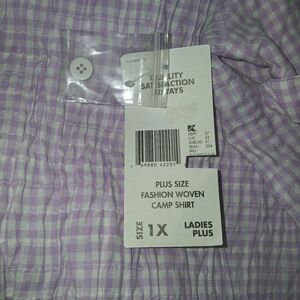 NWT BASIC EDITIONS Women 1X Check Smocking Button Cotton Tunic Top Purple White